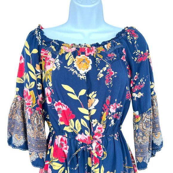 Angie Floral Off-Shoulder Boho Bell Sleeve Romper Blue Multicolor Size Medium - Picture 2 of 10